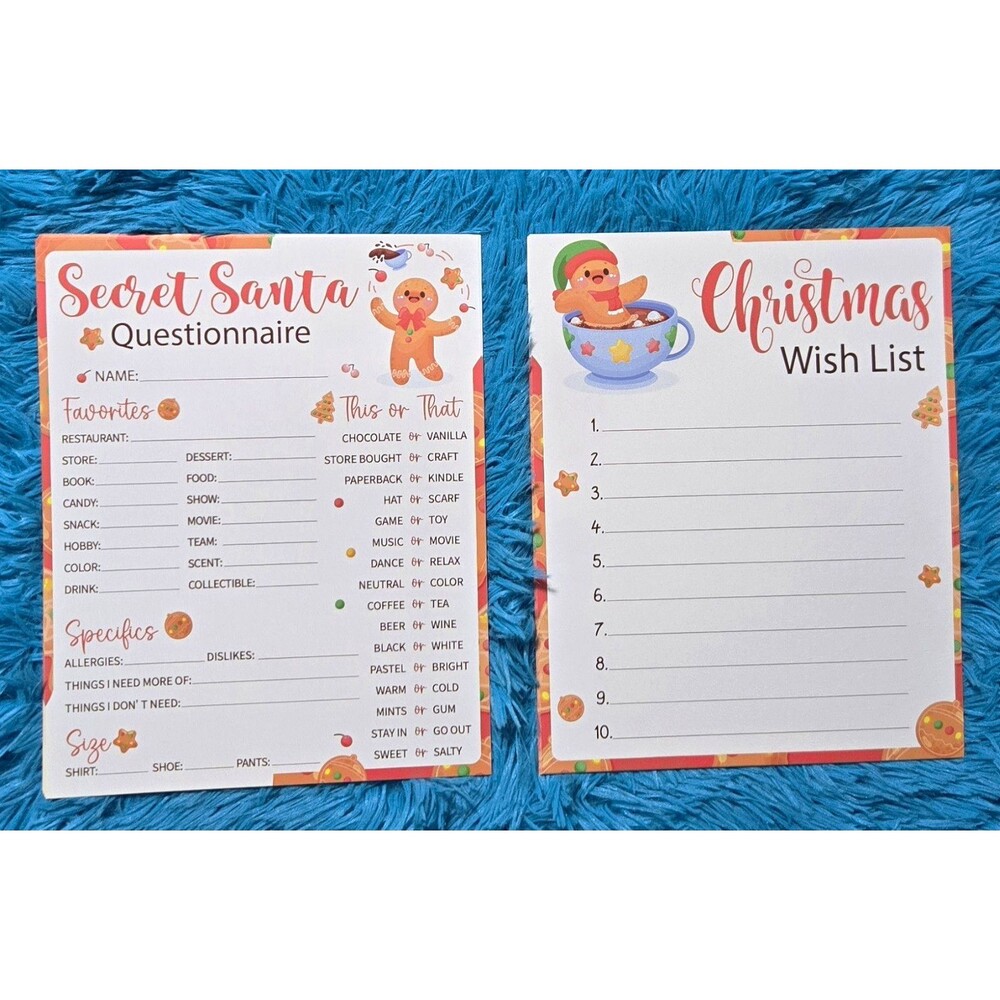 Pack of 20 Christmas Wish List & Secret Santa Game Sheets Printed Front & Back